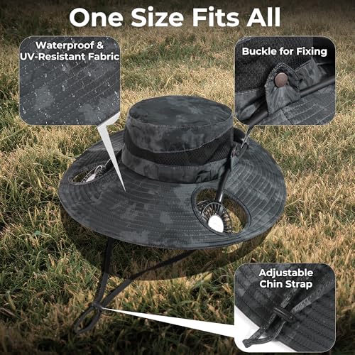 Camo Grey Bucket Hat Fan with UV Protection and Rechargeable Fan - Gifts for Him & Her