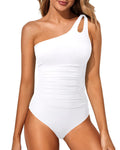 Holipick One Shoulder One Piece Swimsuit for Women Tummy Control Bathing Suits Modest Full Coverage Keyhole Swimwear White