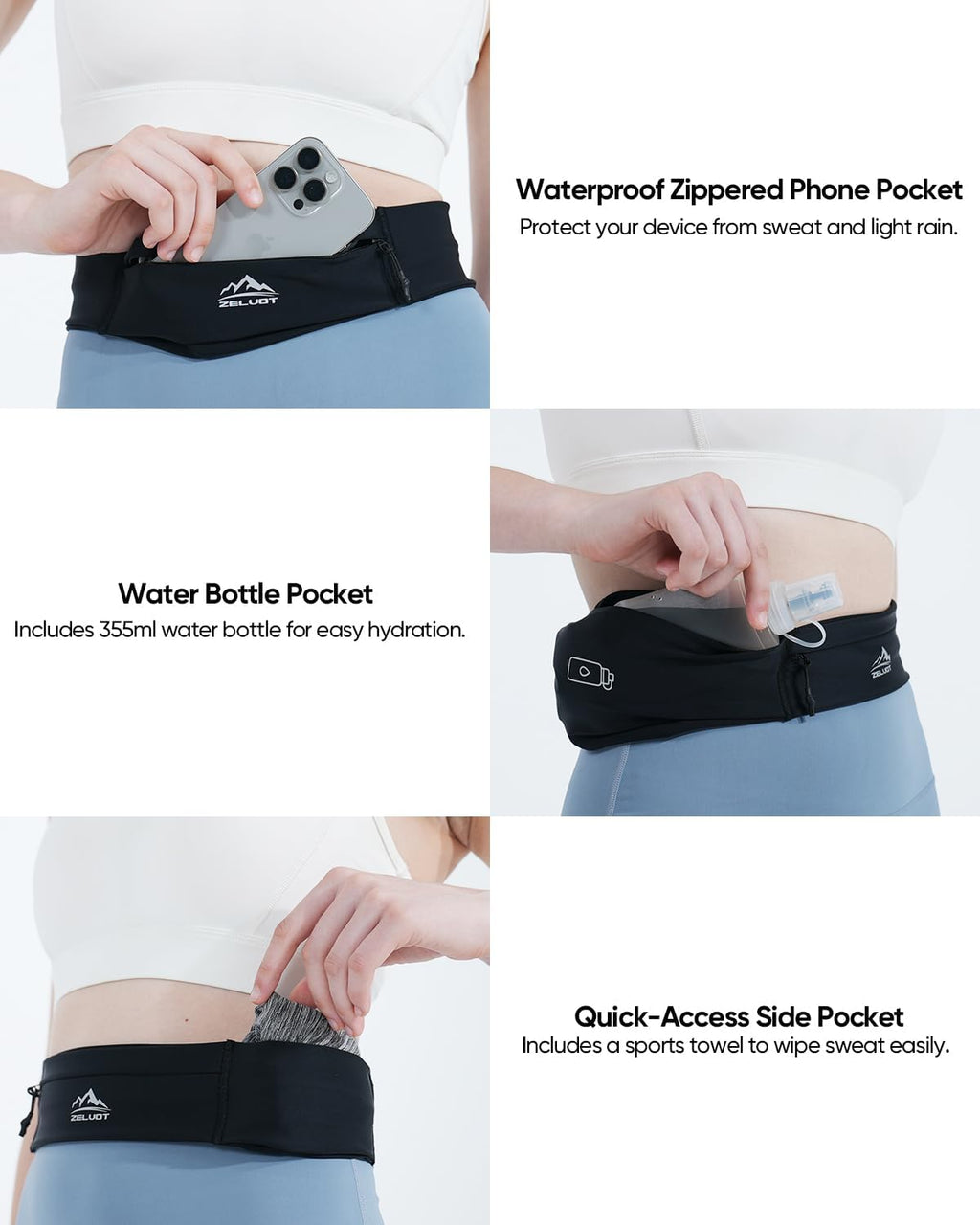 Zelvot Running Belt - Adjustable Fanny Pack with 355ml Water Bottle & Phone Holder | Waterproof for Jogging, Hiking, Marathon (Black, Medium)