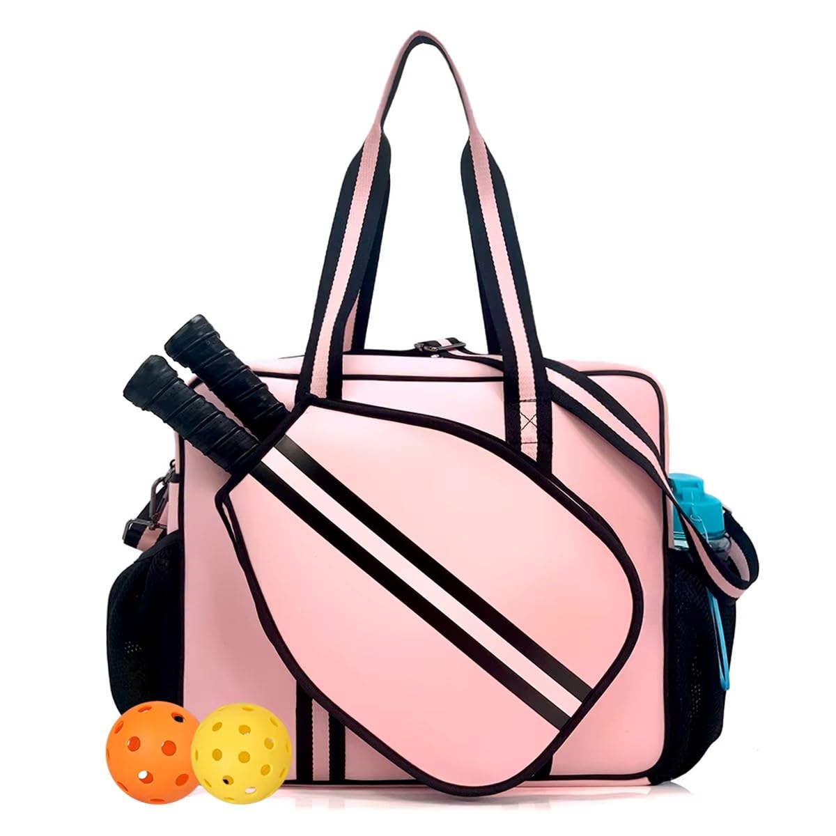 Pickleball Sports Tote Bag with Racket Holder, Neoprene, Adjustable Shoulder Strap (Pink)