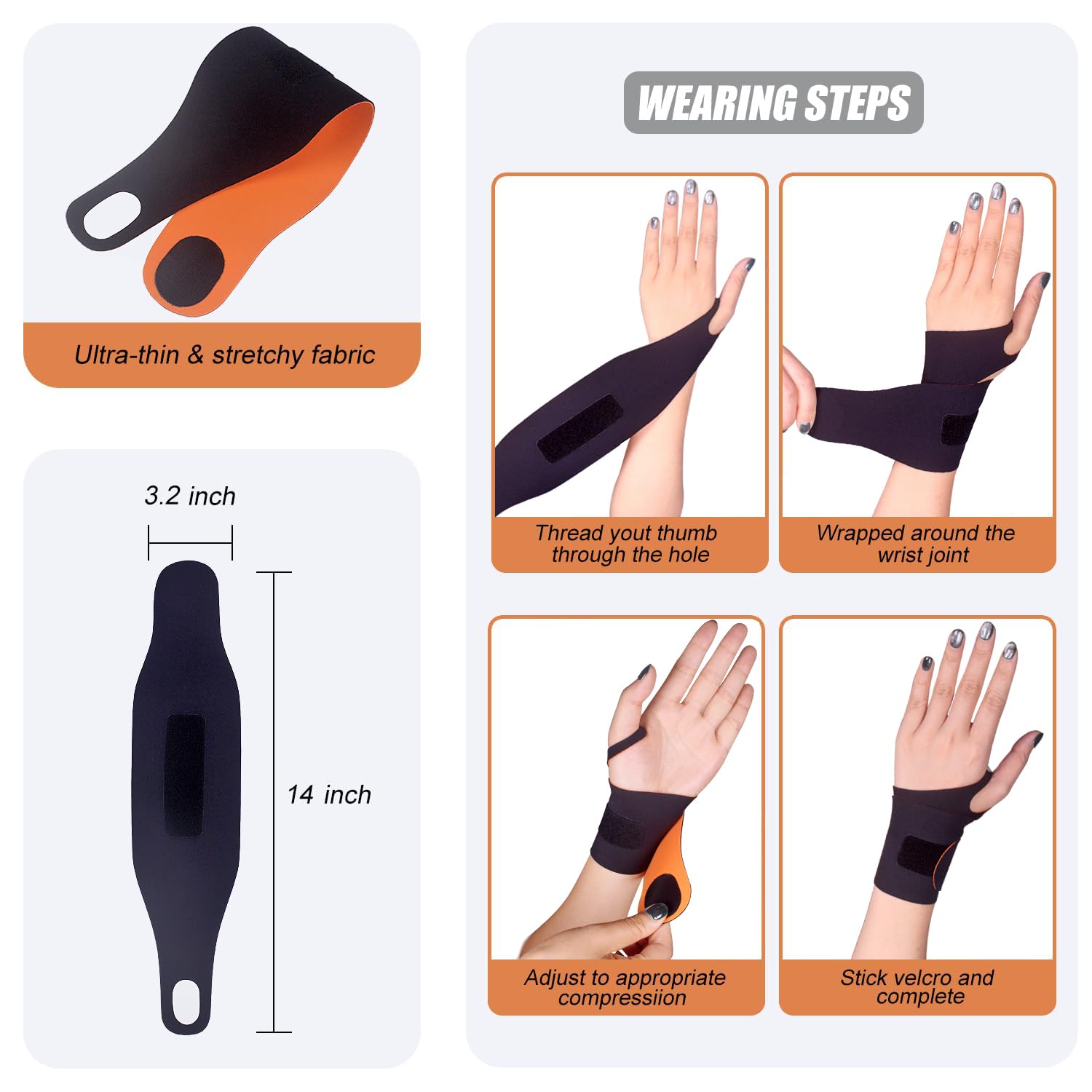 Skiennix Ultra-Thin Wrist Brace Support - Pain Relief for Carpal Tunnel & Arthritis | 2 Pcs, Black & Orange