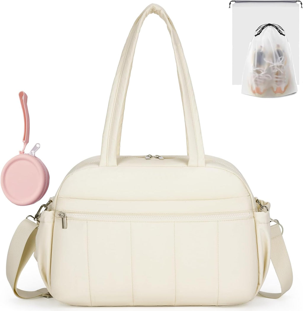 Small Gym Bag for Women, Mini Travel Duffle Bag with Shoe Bags and Coin Pouch, Carry on Weekender Bag, Portable Overnight Bag for Yoga, Pilates, Swimming, Off White