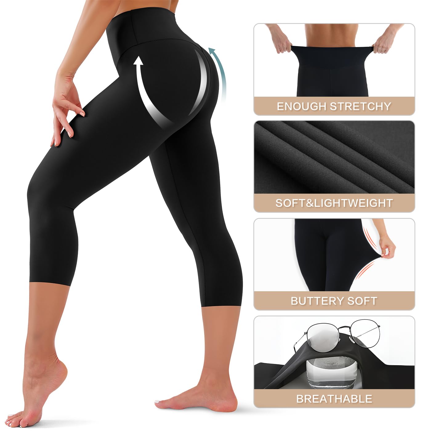 High Waisted Capri Leggings for Women - Tummy Control Soft Yoga Pants for Workout Running No See Through Plus Size White