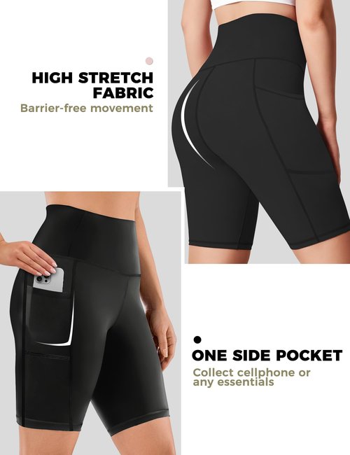 Biker Shorts Women Tummy Control Pockets Yoga Workout Stretchy Spandex Shorts Leggings Athletic Running Compression Shorts Tights Knee Length Ladies Long Slip Booty Shorts Under Dresses 2 Black