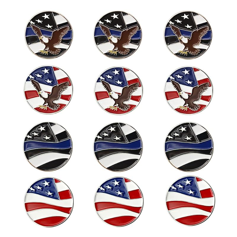 Assorted Golf Ball Markers Value Pack 12 with Cap Clip & Divot Tools - American Flag Eagle Variation