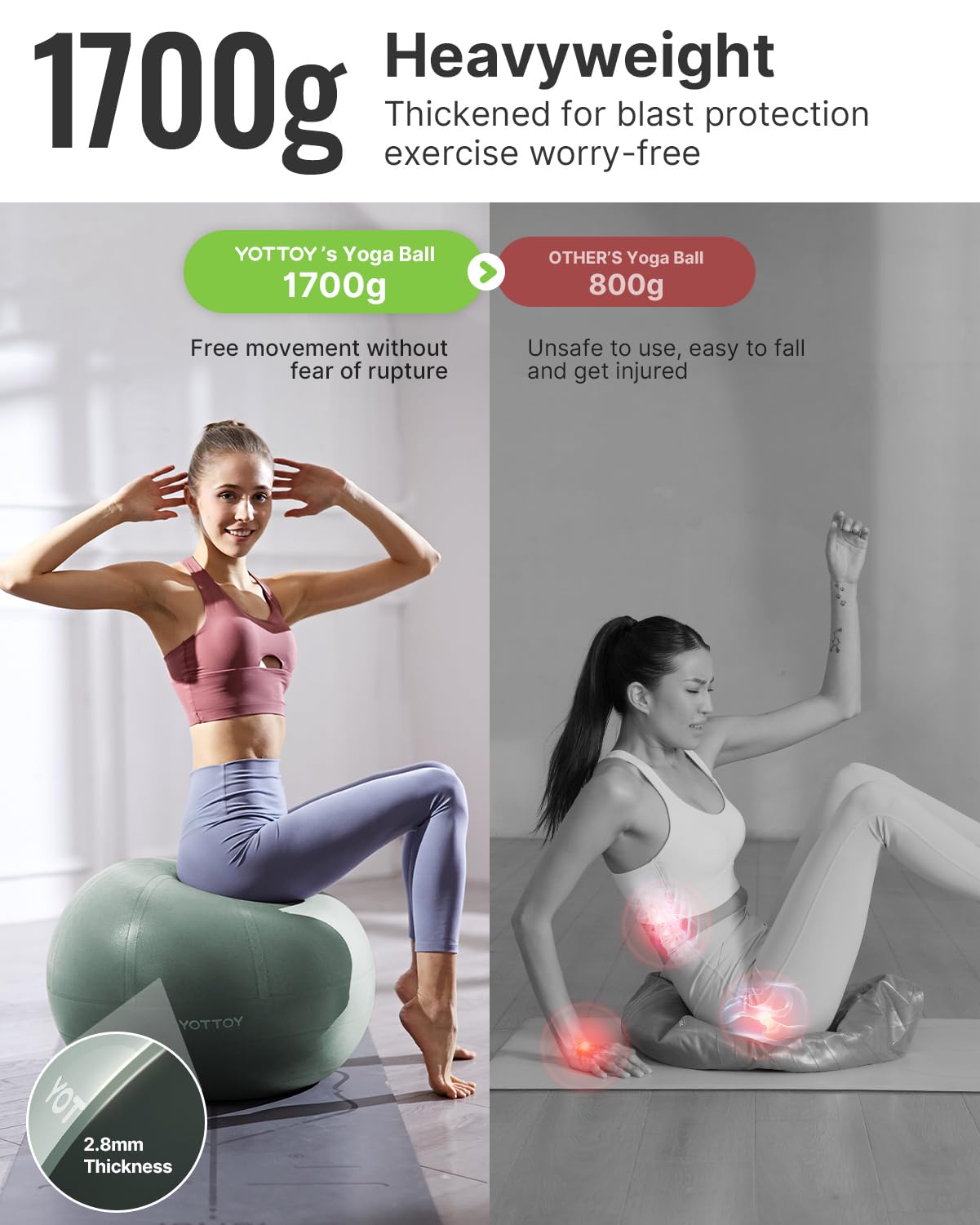 YOTTOY Anti-Burst Exercise Ball for Working Out, Yoga Ball for Pregnancy,Extra Thick Workout Ball for Physical Therapy,Fitness with Pump (Green)