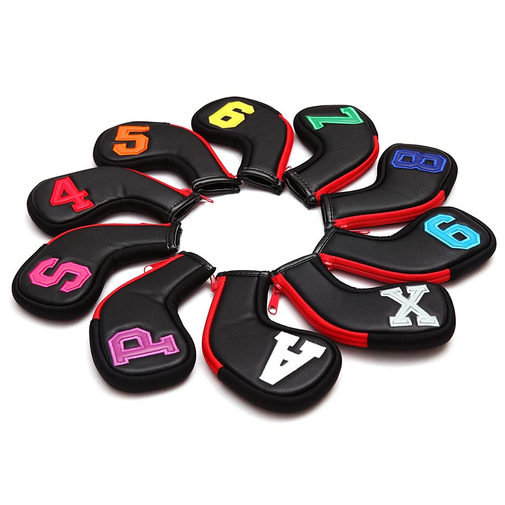 SHABIER Colorful Number Golf Iron Head Covers Iron Headovers Wedges Covers 4-9 ASPX 10pcs (Black with Zipper)