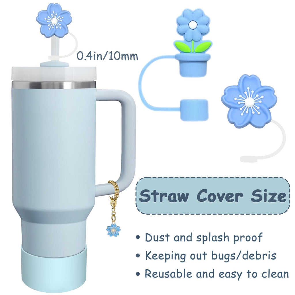 Stanley Cup Accessories Set,Including 2 Pcs 0.4in Straw Cover, 1 Silicone Spill-Proof Stopper Set of 3, 1 Cute Flower Handle Charm, 1 Silicone Boot Fits Stanley 40&30 Oz Tumbler (Blue)