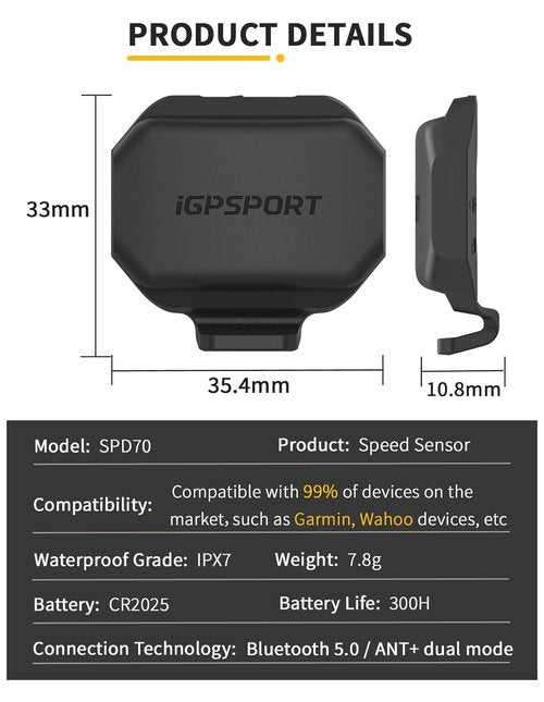 iGPSPORT Bike Speed Cadence Sensor, Wireless IPX7 Waterproof Bluetooth ANT+ 300H Battery Life Bicycle Computer Sensor (CAD70+SPD70)