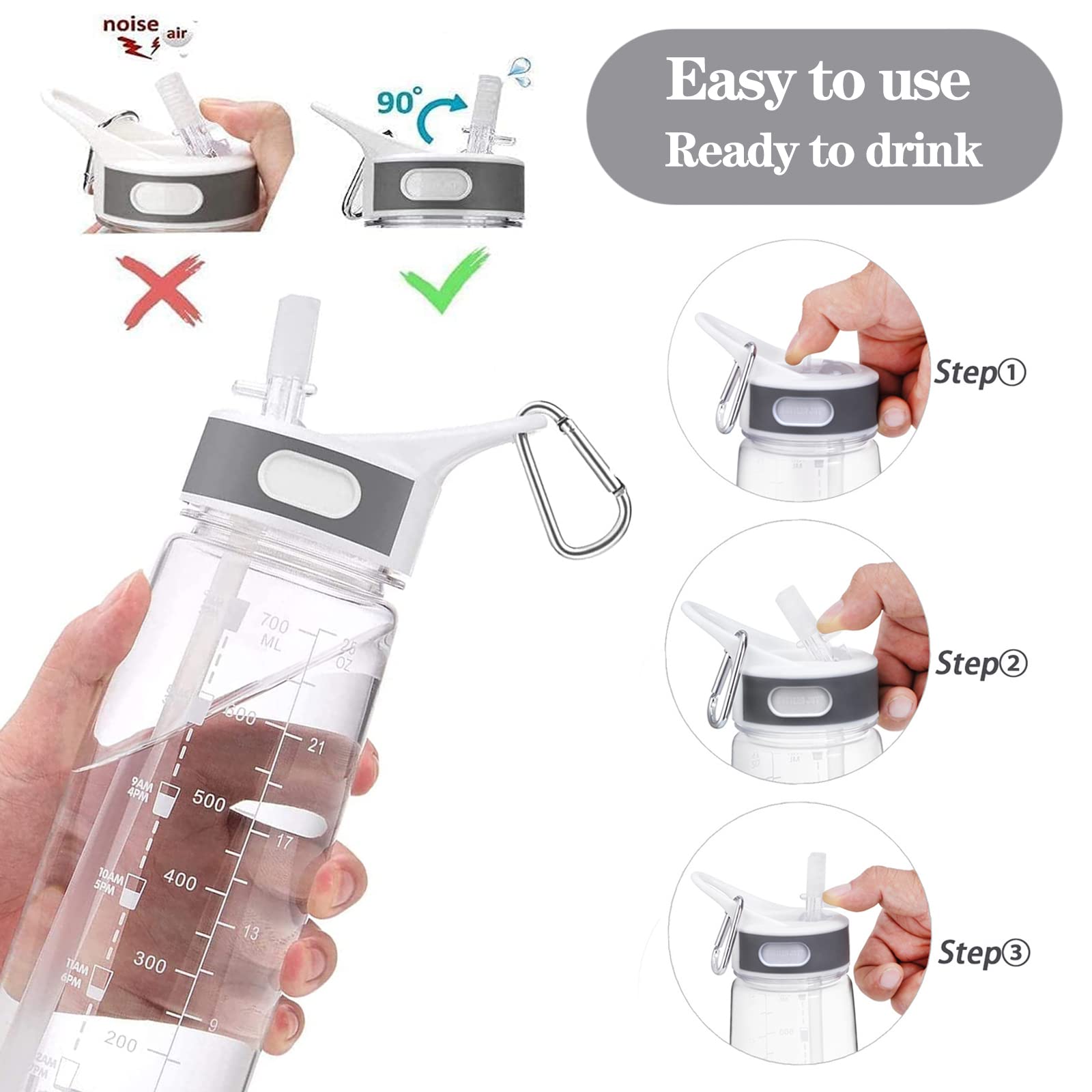 Louis Donné Water Bottle with Stra, 28oz Sports Water Bottle with Time Marker and Tritan, BPA Free and Leakproof, For Bottled Joy Sports Jug, Water Bottle with Carabiner For Fitness, Yoga (Clear)
