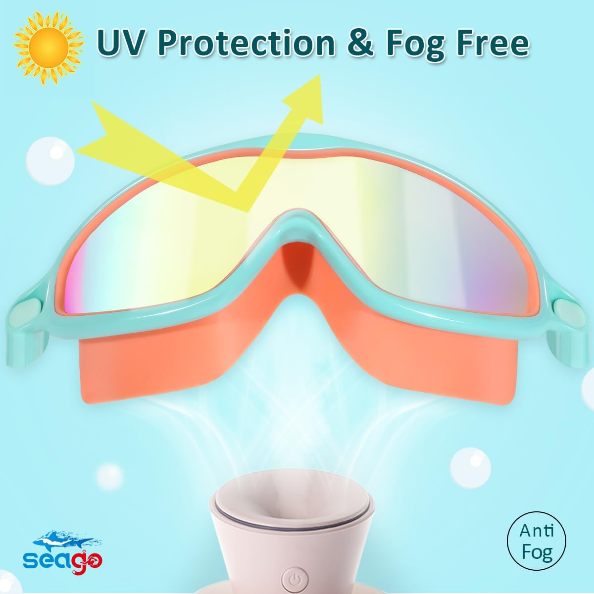 Seago Swim Goggles - Anti-Fog & UV Protection - Wide View for Kids Ages 3-14 | 2 Pack