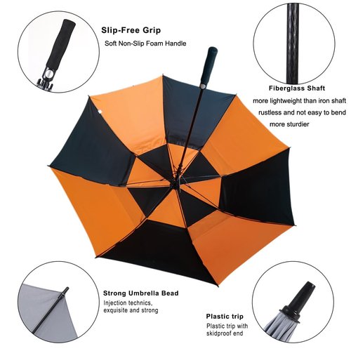 Doubwell Vented Golf Umbrella 54/62/68 Inch Automatic Extra Large Windproof Oversize Stick Rain Umbrellas For Man and Woman Can Shade For Golfer And Family (Black/Orange, 54 Inch)