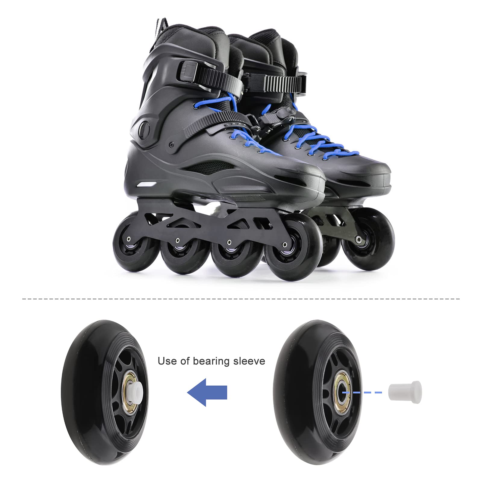 SING F LTD 8pcs 70mm 82A Skating Wheels with ABEC-7 608ZZ Bearing for Boys & Girls Indoor Outdoor Recreational Riding with 6mm White Plastic Spacers Replacement Black PU