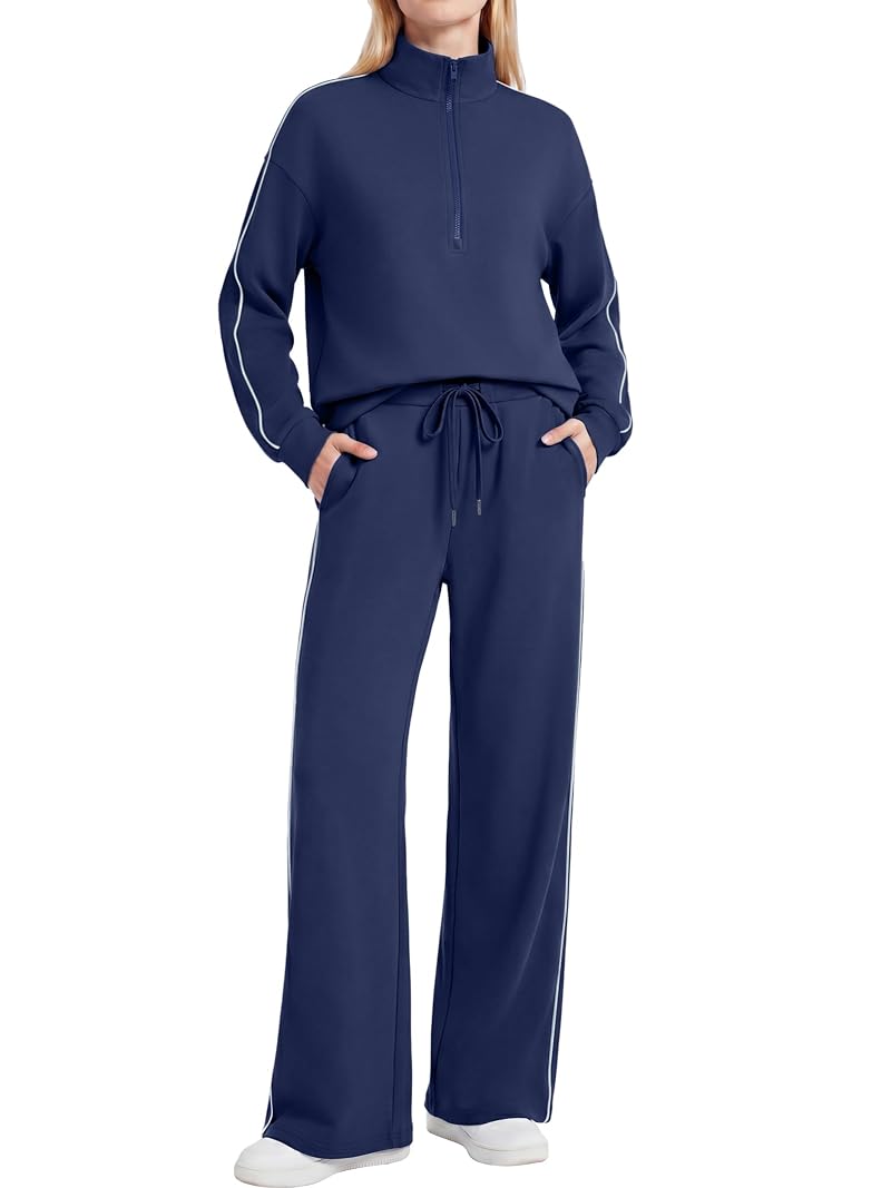Casly Lamiit Women’s 2-Piece Half Zip Wide Leg Tracksuit Navy Blue, Medium