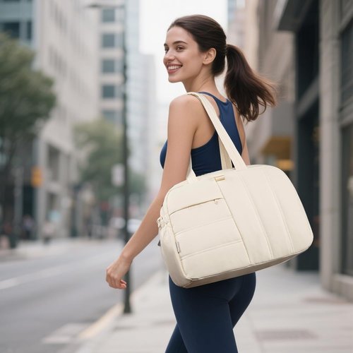 CAMTOP Gym Bag for Women - Lightweight Water-Resistant Duffle with Yoga Mat Holder | 16-Inch Beige Travel Bag