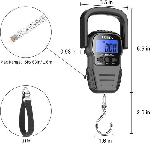 HEETA Digital Fish Scale - Backlit LCD Display, 110lb Capacity, Hook & Measuring Tape Included