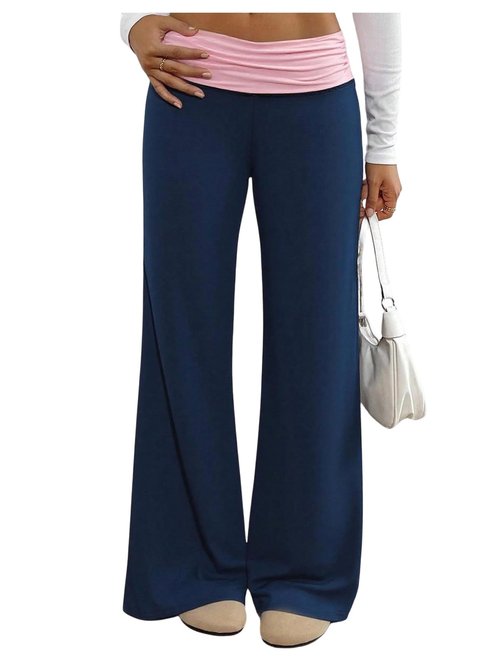 RoseSeek Girl's Fold Over Pants Color Block Low Rise Sweatpants Casual Yoga Pants Deep Blue 11Y