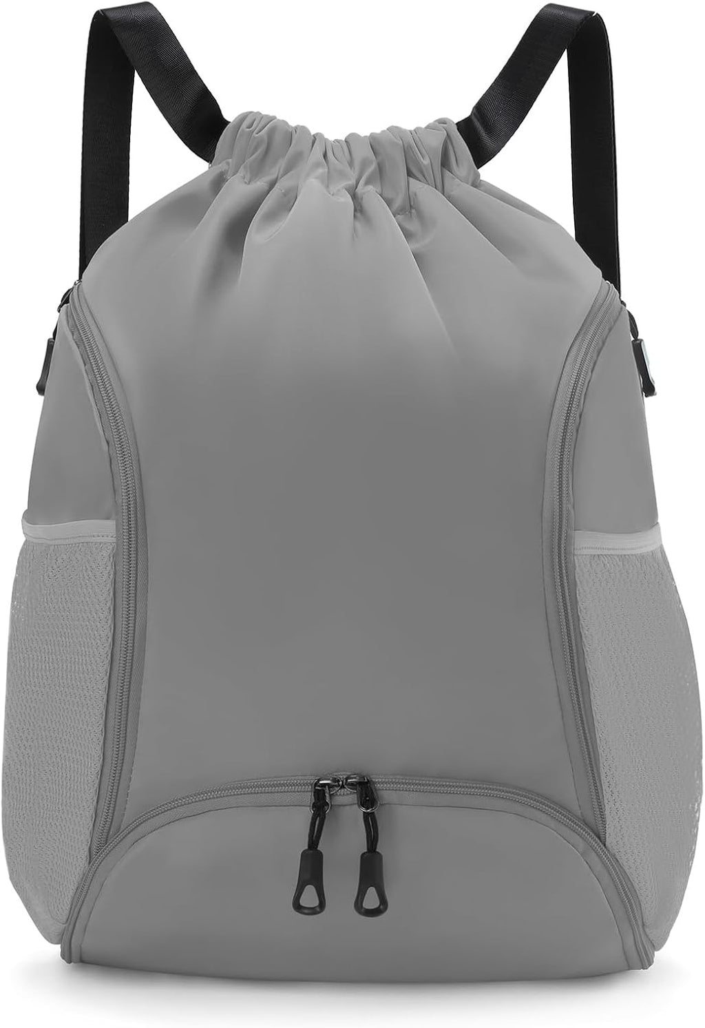Valleycomfy Sports Gym Bag - Drawstring Backpack with Shoe Compartment & Two Water Bottle Holders | Grey