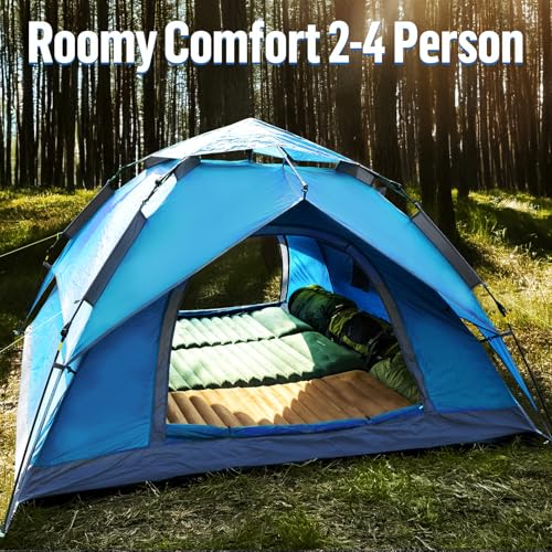 Blue Instant Pop-Up Tent for 2-3 Persons with Footprint, Waterproof, Easy Setup