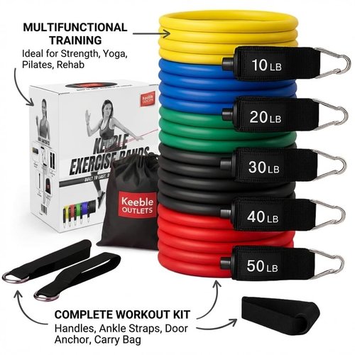 Keeble Outlets Resistance Bands Set | Exercise Bands for Working Out | Fitness Bands with Handles | Stretch Bands for Strength Training, Physical Therapy & Home Workouts