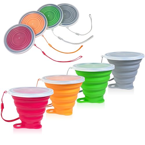 Meanhoo 4-Pack Collapsible Silicone Cups with Lids, 9.22oz Portable Travel Drinking Cup with Stainless Steel Rim, 0.59" Thin Foldable Design for Theme Parks, Hiking, and Daily Use