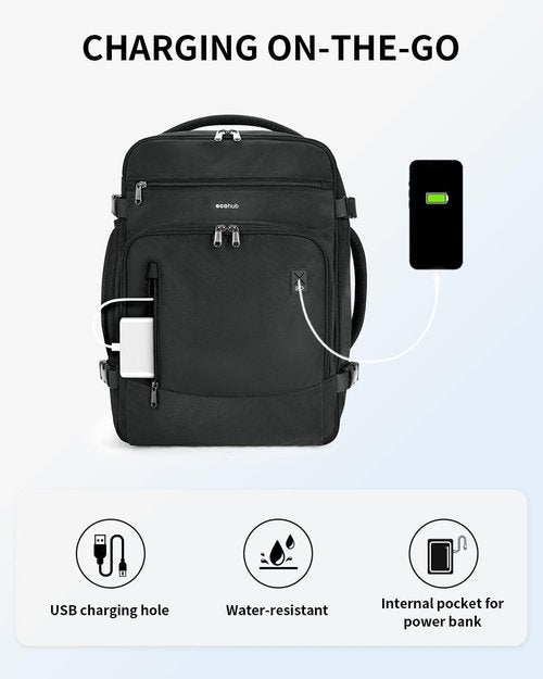 ECOHUB Travel Backpack - Airline Approved Personal Item Bag with USB Port & 30L Capacity | Black