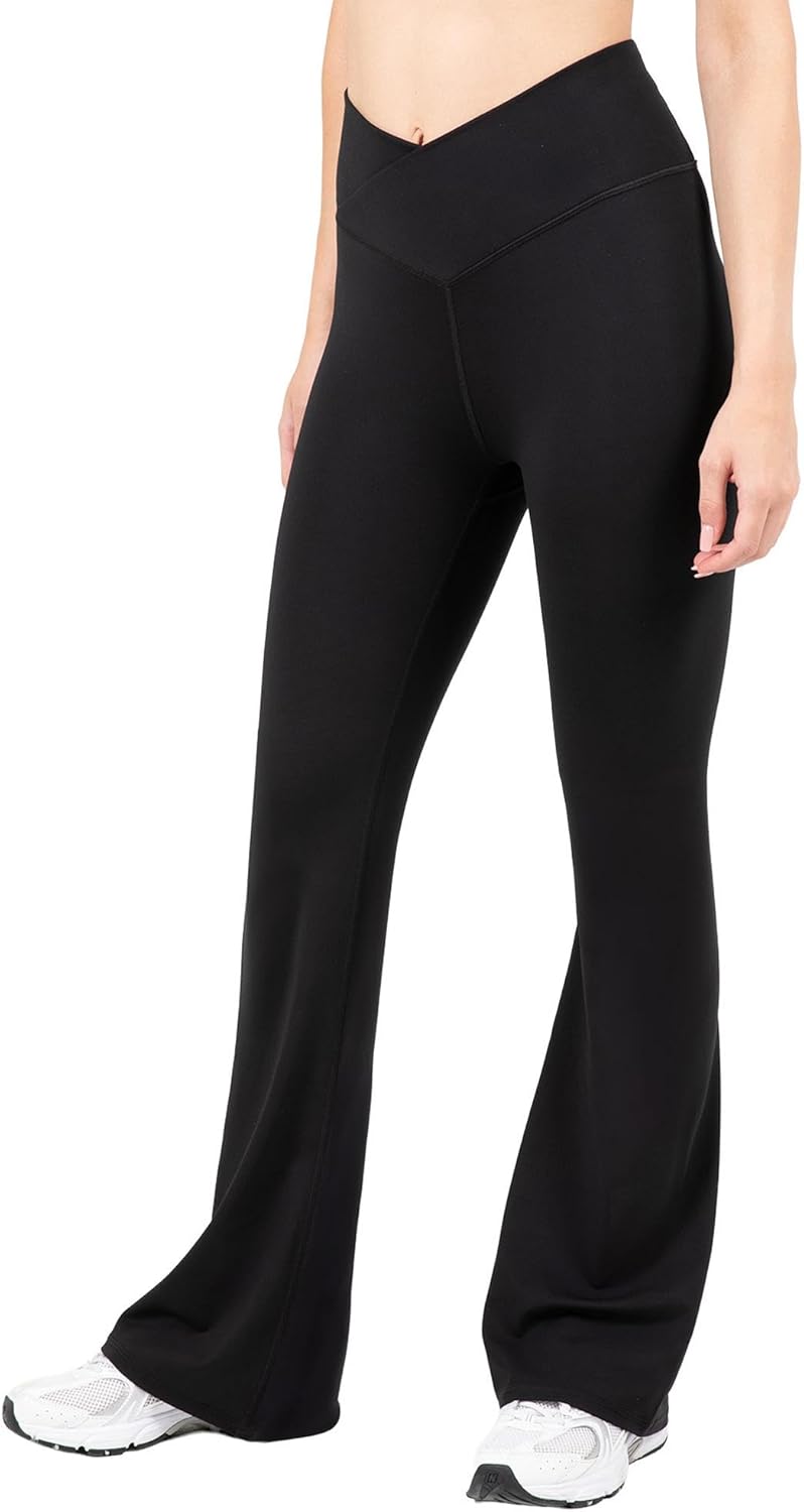 YITTY Active High Waist Crossover Flare Leggings - Buttery Soft Yoga Pants with V-Shape Waistband