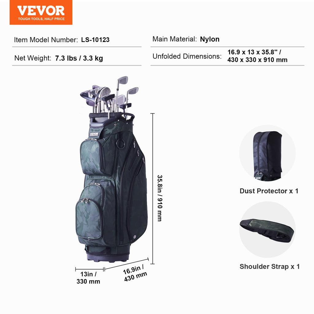 VEVOR Golf Cart Bag with 14 Way Organizer Divider Top, Premium Cart Bag with Stand, Durable Golf Bags with Handles & Dust Cover & Detachable Dual Strap for Men & Women (Army Green, 10 Pockets)