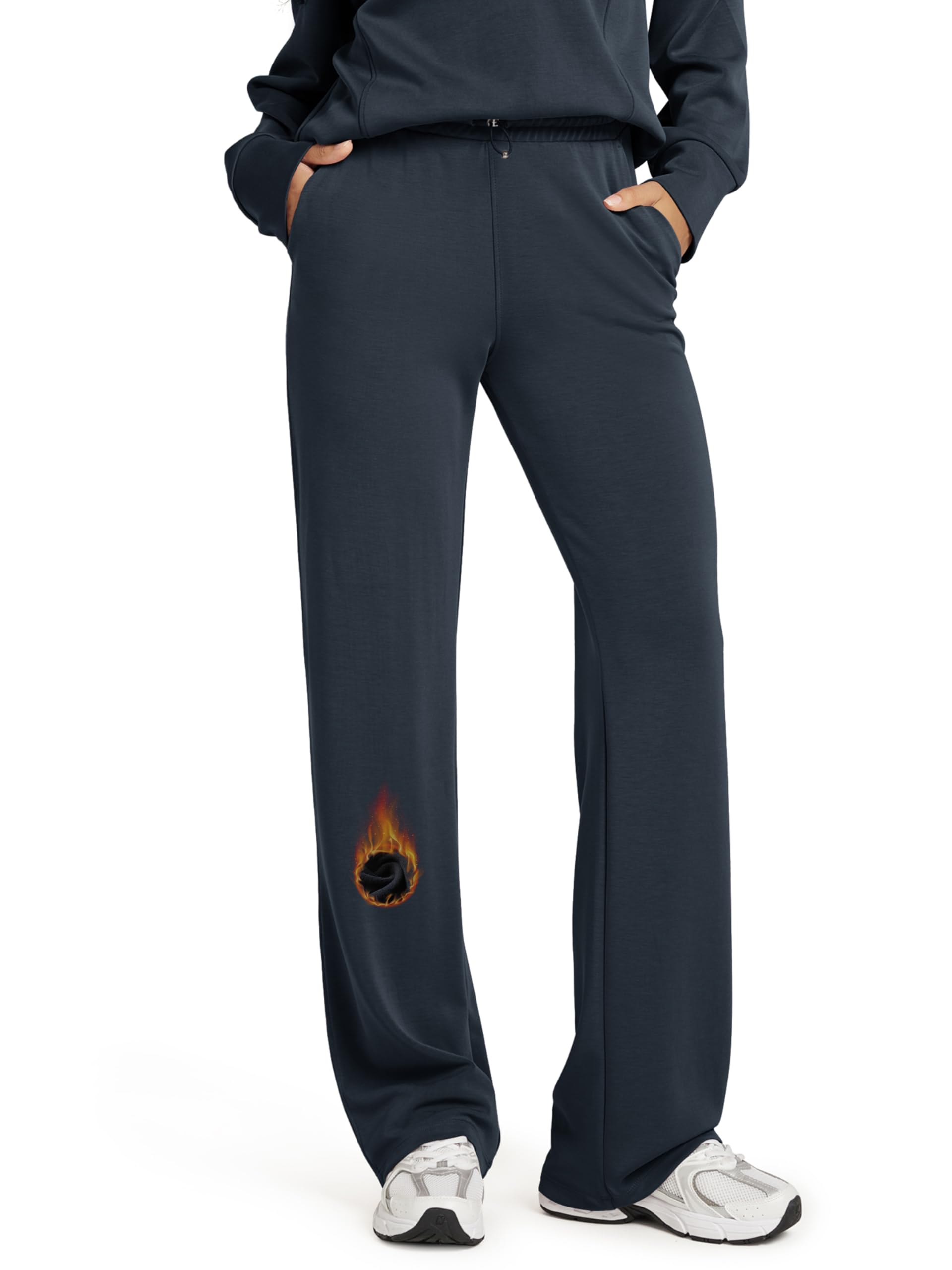 ODODOS Women's Modal Soft Fleece Lined Wide Leg Pants with Pockets Adjustable Shockcord High Waist Casual Lounge Pants-29 Inseam, Navy, X-Small