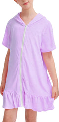 Girls Swim Cover Up Multicolor Hooded Zip-Up Terry Swimsuit Ruffle Bathing Suit Kids Short Sleeve Swimwear