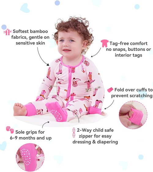 Babee Reshinee Bamboo Viscose Baby Footie Pajamas - Convertible Zipper Onesie for Girls (0-24M)