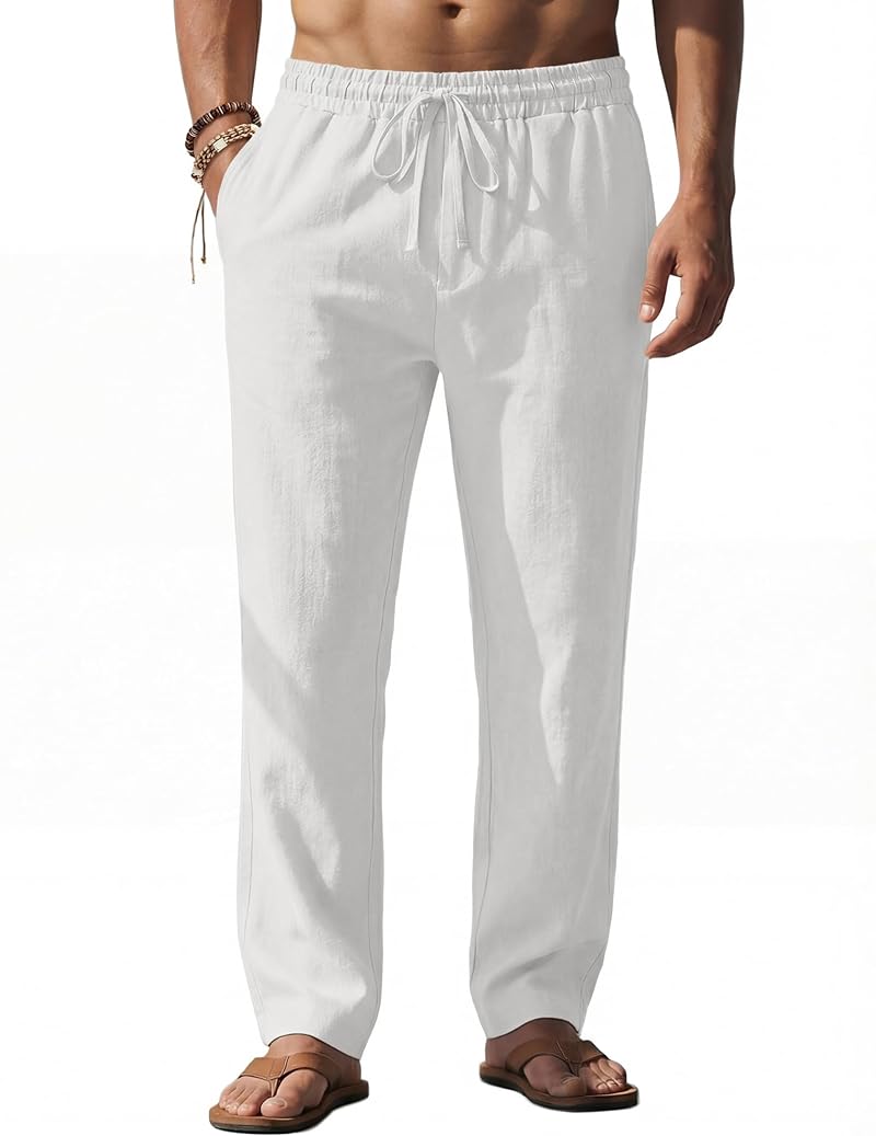 COOFANDY Men's Linen Pants Loose Fit Elastic Waist Drawstring - White, Large