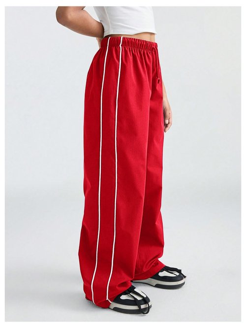 RoseSeek Girl's Wide Leg High Waist Sweatpants Side Striped Extra Long Baggy Track Pants Trousers Red 12Y