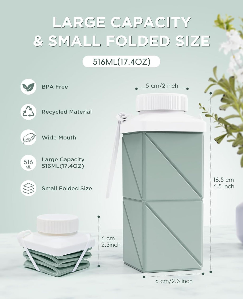 Skiennix Collapsible Water Bottle - 17.4oz Leakproof BPA-Free Travel Bottle | Lightweight Sage Green