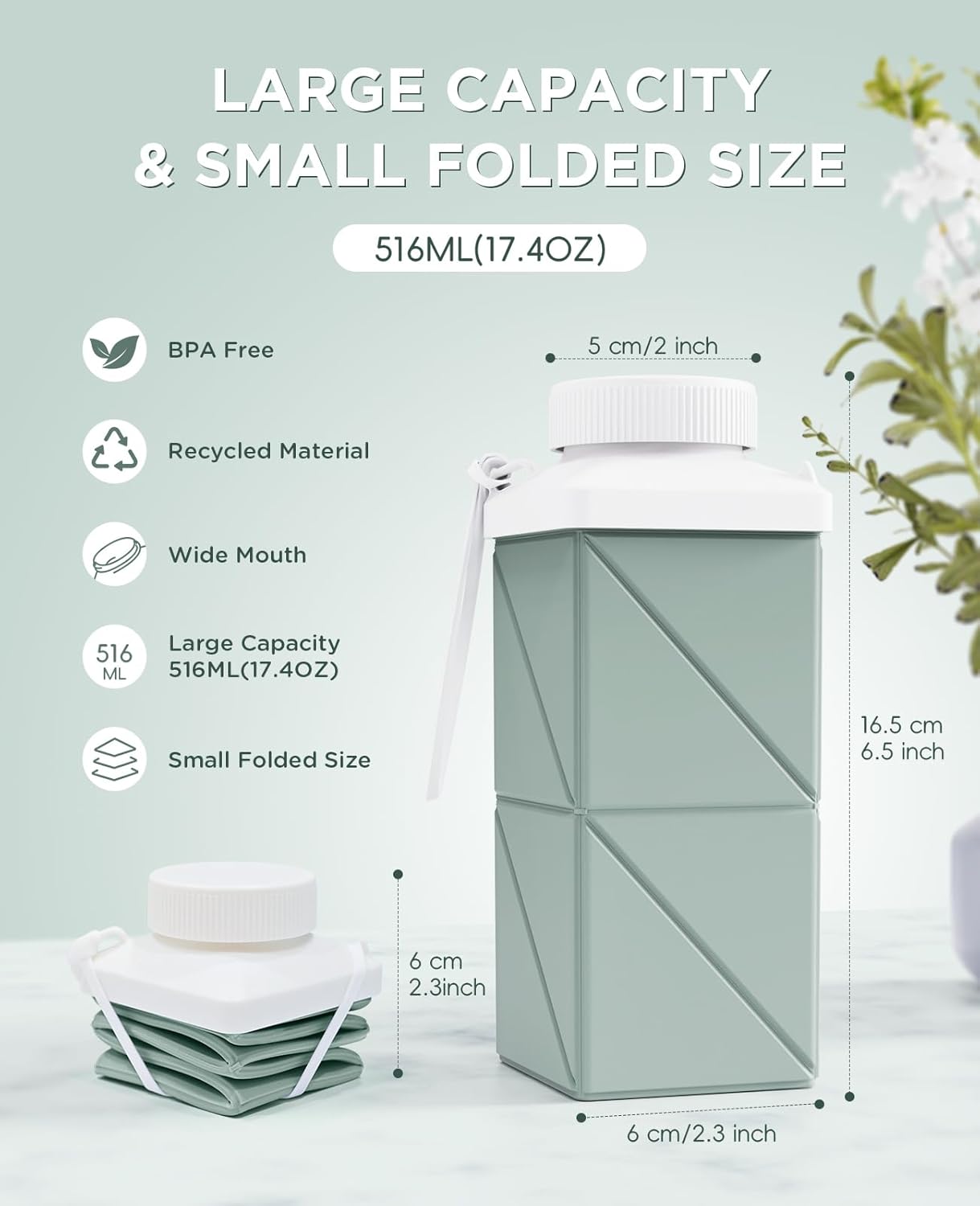 Skiennix Collapsible Water Bottle - 17.4oz Leakproof BPA-Free Travel Bottle | Lightweight Sage Green