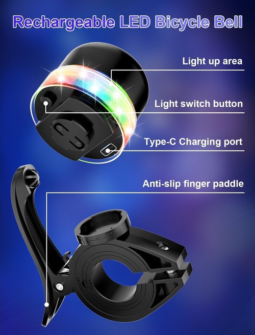 Bike Bell for Kids & Adults, Light up Bike Accessories Adjustable with Ferrules Fit for 0.74-1.25in(19-31.8mm) Bicycle Handlebars, Aluminum Made & Crisp Sound for Mountain Dirt Road Bike Ebike