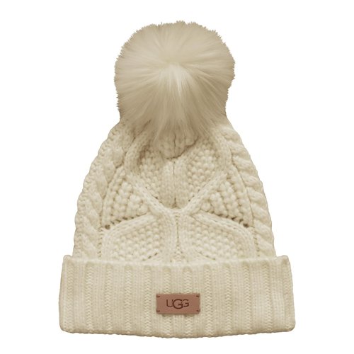 UGG, Womens, Cable Beanie With Pom, Cream, One Size