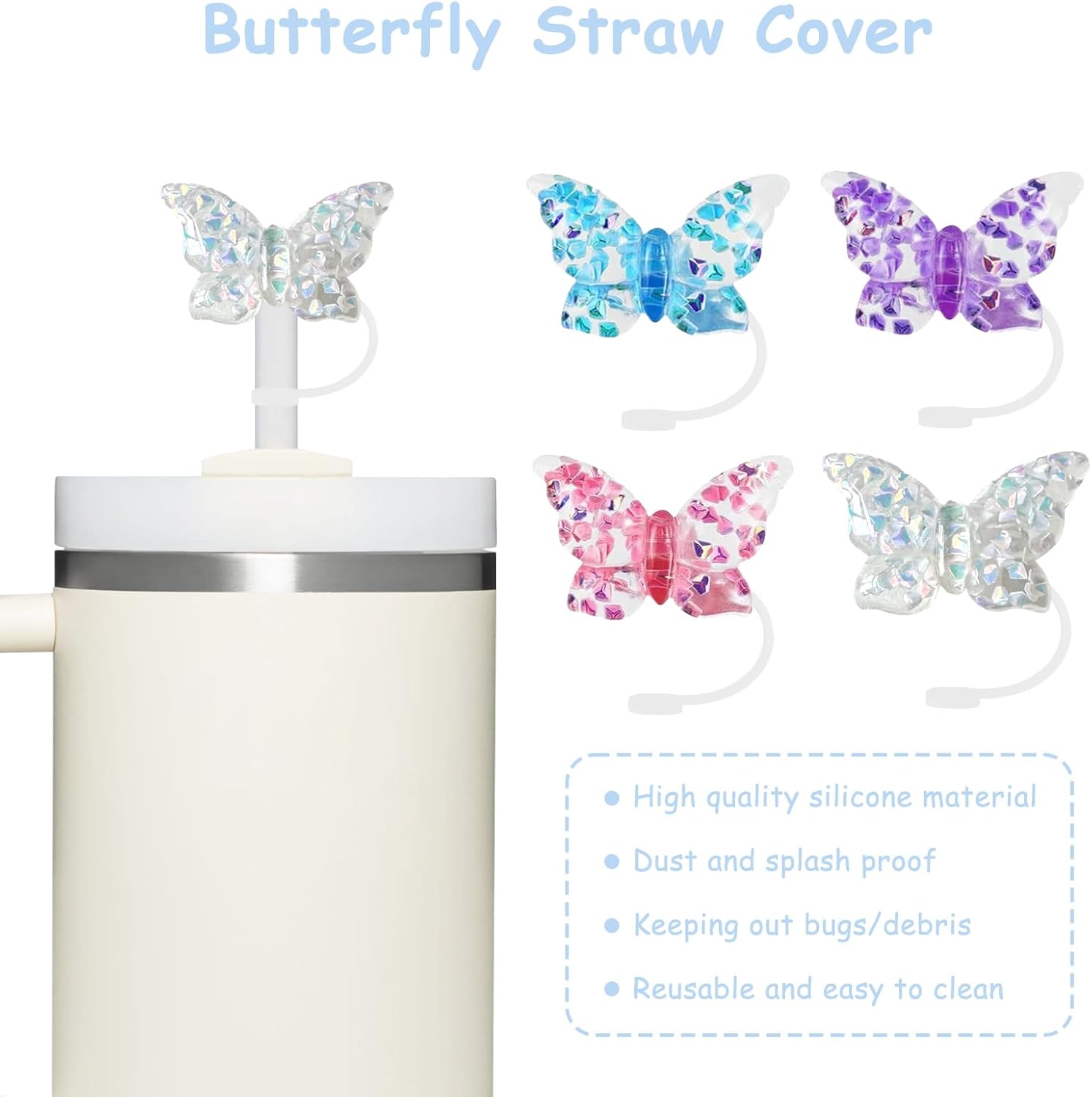 Stanley - Silicone Straw Cover Set - 4 Pcs Butterfly Topper for 30 & 40oz Tumblers - Fits 10mm Straws