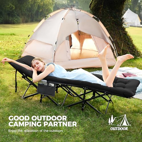 Folding Camping Cot for Adults with Mattress - Black, 75x28x14 Inches - Portable Bed