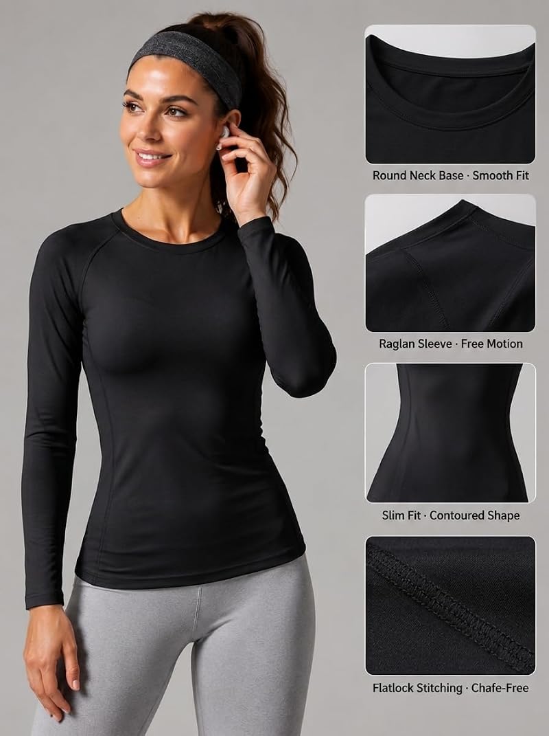 TELALEO Long Sleeve/Short Sleeve Compression Shirt for Women - 4 Pack Black, Medium