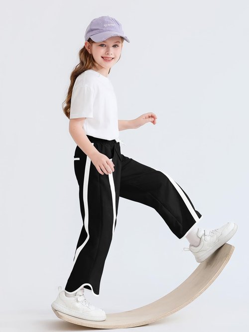 Haloumoning Girls Baggy Wide Leg Pants Kids Striped Elastic Waist Parachute Track Pants with Pockets 5-14 Years Black