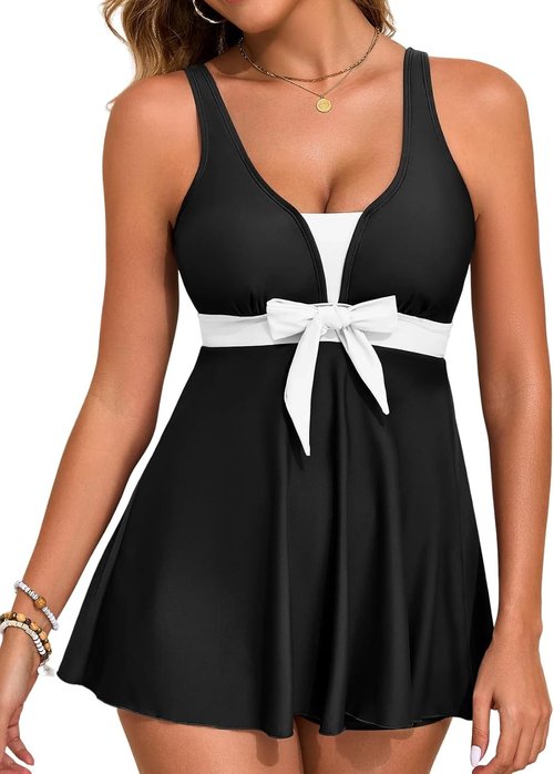 Aleumdr Women's High Waisted Tankini Swimsuit - Tummy Control Swim Dress with Pockets