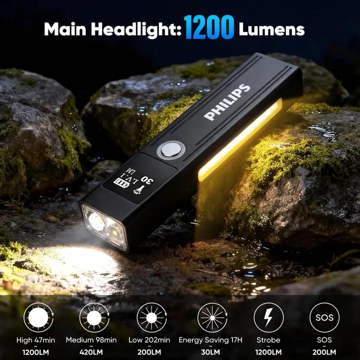 PHILIPS SFL6256 Rechargeable EDC Flat Flashlight with Green Laser, Warm and White LED Combo,1200 High Lumens Aluminium Portable Pocket Lights with 9 Modes,Triple Sources for Outdoors Emergency Working