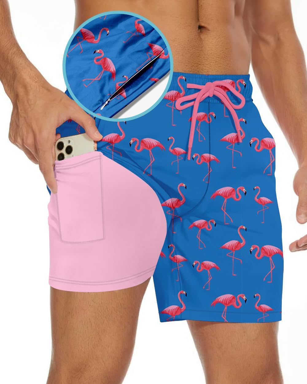 TENGINE Men's Swim Trunk 5" with Compression Liner 5 Inch Quick Dry Board Shorts Zipper Pocket