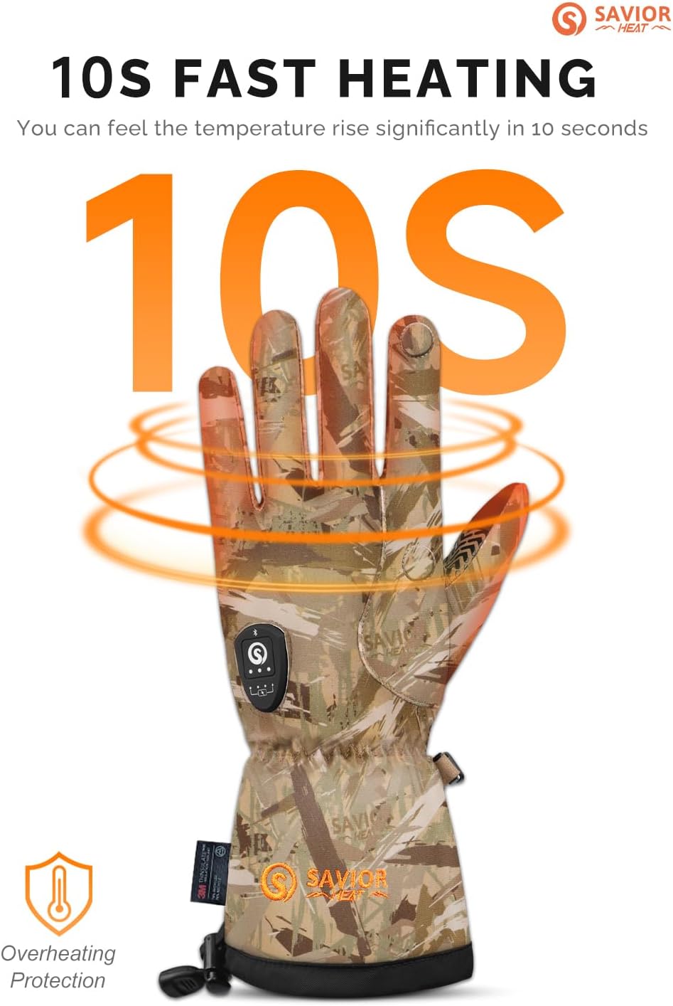 SAVIOR HEAT Heated Gloves - Upgraded Waterproof Electric Gloves for Hunting | 11H Type-C Camo Design