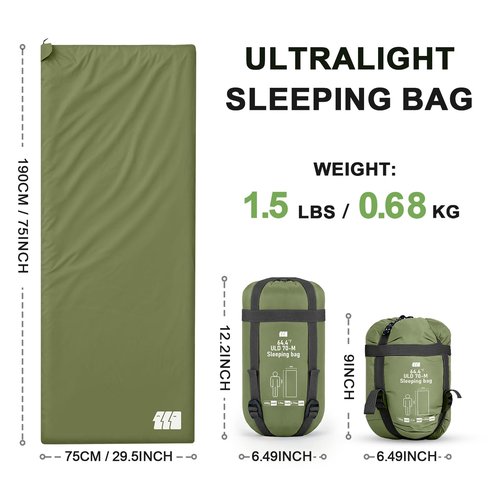 Ultralight Sleeping Bag, Warm Weather Portable Compact Sleeping Bags for Adults, Waterproof, Lightweight, Comfort with Compression Sack for 3 Season Camping, Backpacking, Hiking, Traveling