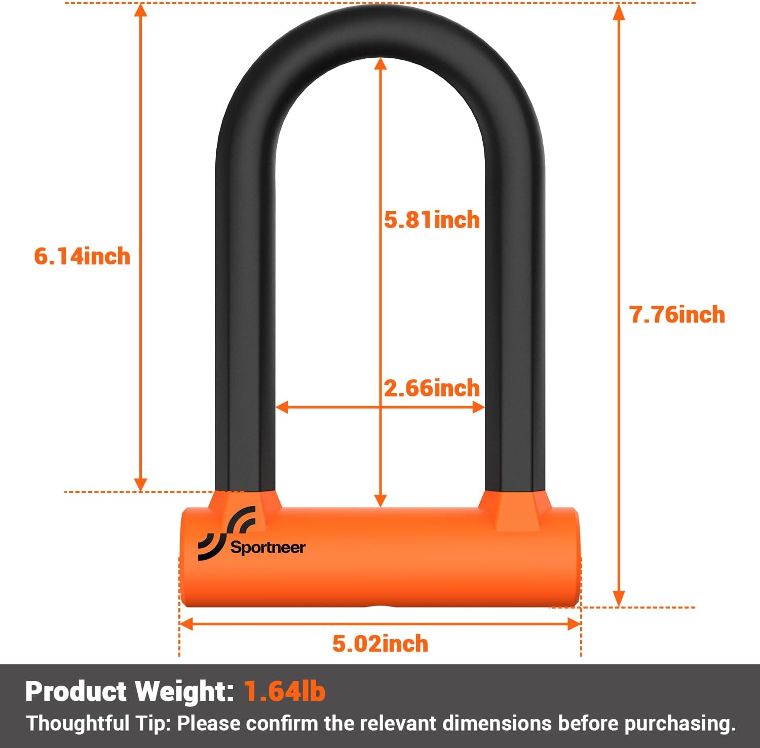 Sportneer Bike U Lock - Heavy-Duty Anti-Theft Lock with 5ft Steel Cable & 17mm Shackle | Orange