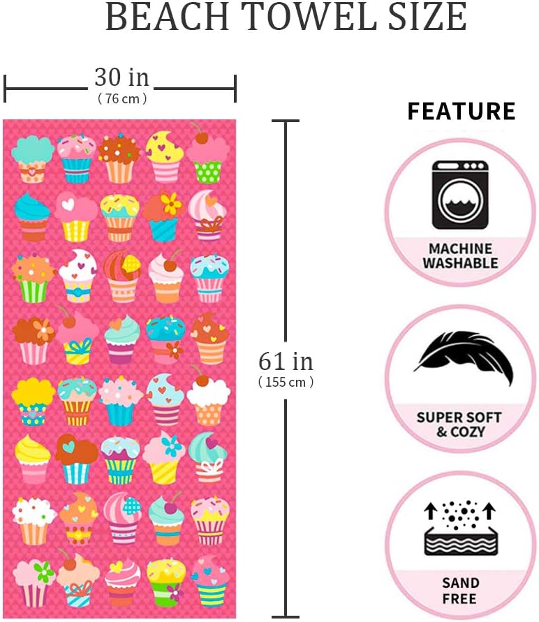 Skiennix Microfiber Beach Towel Set - Oversized Quick-Dry, Sand-Free Ice Cream Design | 30x60 Inch - Pink
