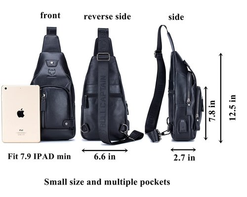 BULLCAPTAIN Men Crossbody Bag with USB Charging Port Genuine Leather Shoulder Sling Chest Bag Travel Hiking Backpack (Black)