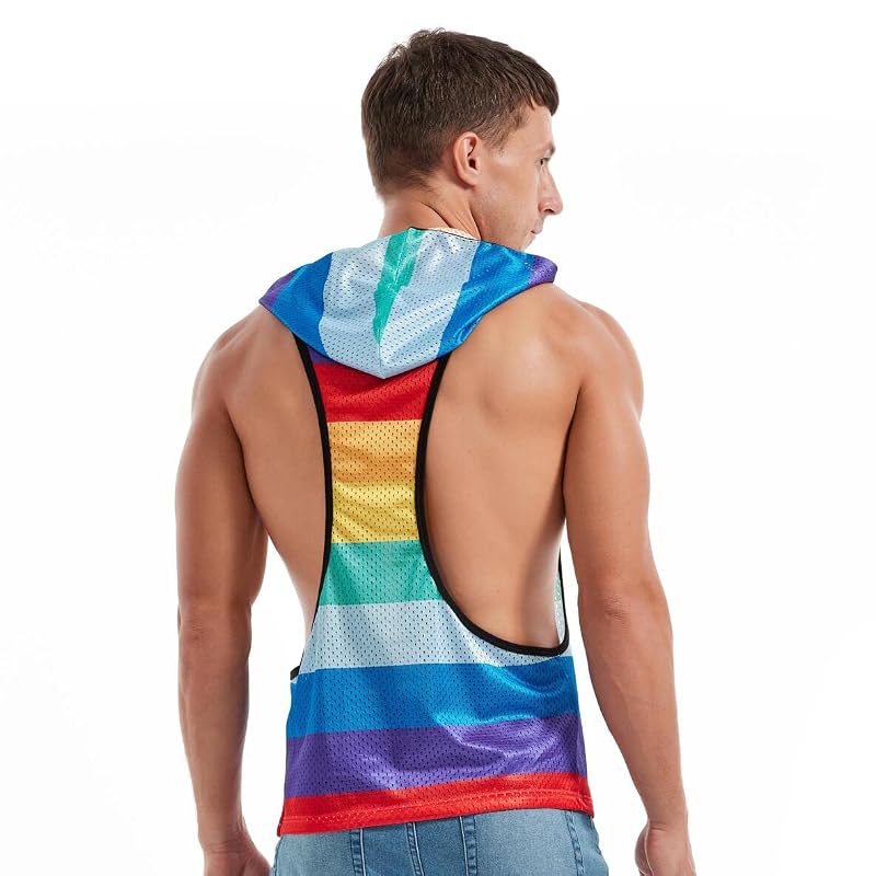 Rainbow X-Large Men’s Sleeveless Hooded Mesh Shirt for Gym & Pride